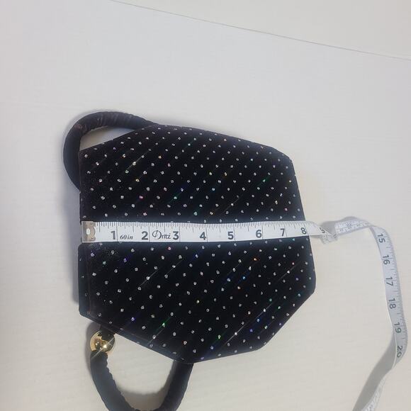 Vintage Black Velvet Rhinestone Evening Handbag w Gold Ball Accent 1960's Style - Picture 9 of 14